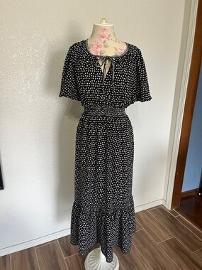 Max Studio London Smocked Black and White Polka Dot Tiered Dress